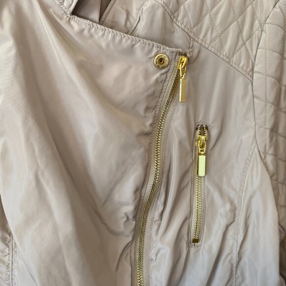 Ellen Tracy Sz Large Cropped Moto Jacket Diagonal Zip Front Quilted Khaki Gold - Picture 3 of 10